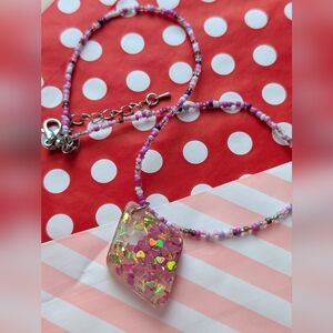 Pink Beaded Necklace with Resin Pendant